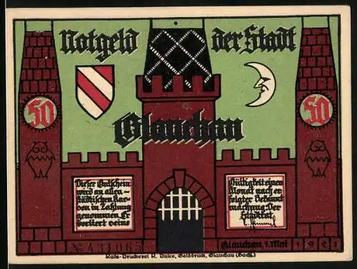 Notgeld Glauchau 1921, 50 Pfennig, Bürgermeister bezahlt zwei Bauern, Buttermilchturm im Hintergrund