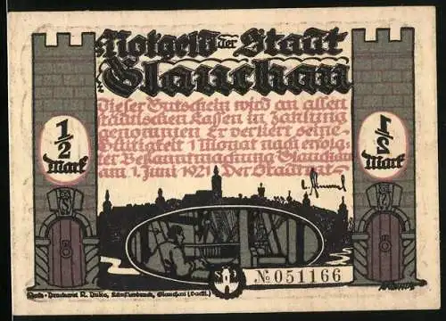 Notgeld Glauchau 1921, 1 /2 Mark, Ordnungshüter verfolgt Dieb