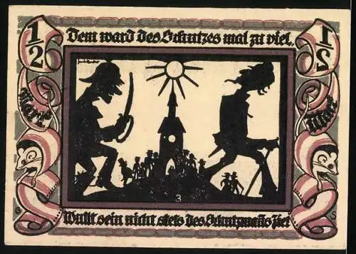 Notgeld Glauchau 1921, 1 /2 Mark, Ordnungshüter verfolgt Dieb