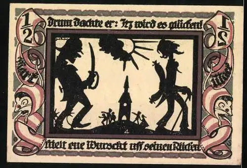 Notgeld Glauchau 1921, 1 /2 Mark, Ordnungshüter verfolgt Dieb mit Wurst auf dem Rücken