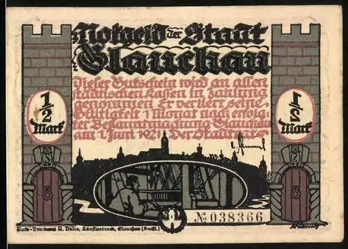 Notgeld Glauchau 1921, 1 /2 Mark, Polizei marschiert durch die Stadt