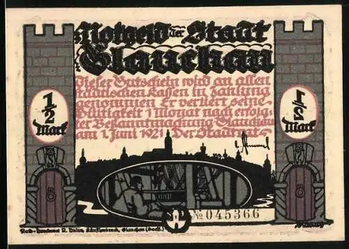 Notgeld Glauchau 1921, 1 /2 Mark, Zwei Ordnungshüter bei Hebel