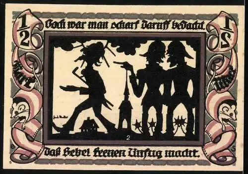 Notgeld Glauchau 1921, 1 /2 Mark, Zwei Ordnungshüter bei Hebel