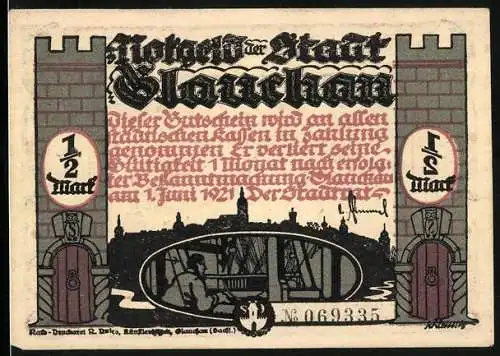 Notgeld Glauchau 1921, 1 /2 Mark, Bewohner huldigen Hebel
