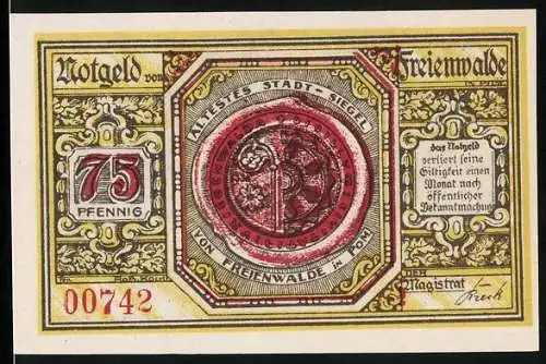 Notgeld Freienwalde i. Pomm. 1920, 75 Pfennig, Siegel der Stadt und Kirche
