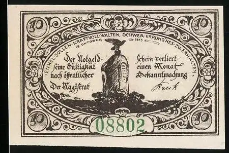 Notgeld Freienwalde i. Pomm. 1920, 10 Pfennig, Gedenkstein und Wappen