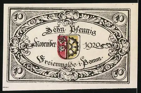Notgeld Freienwalde i. Pomm. 1920, 10 Pfennig, Gedenkstein und Wappen