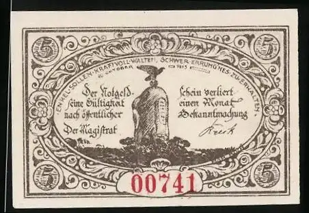 Notgeld Freienwalde i. Pomm. 1920, 5 Pfennig, Gedenkstein und Wappen