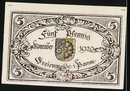 Notgeld Freienwalde i. Pomm. 1920, 5 Pfennig, Gedenkstein und Wappen