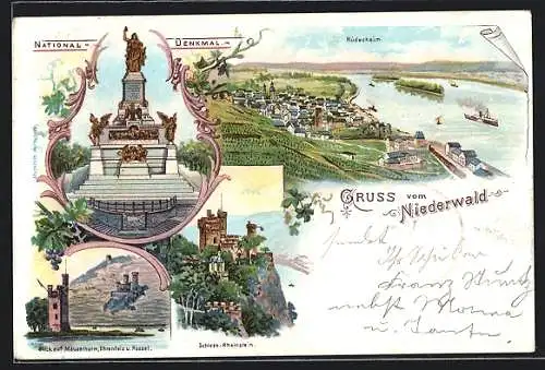 Lithographie Rüdesheim / Rhein, National-Denkmal, Schloss Rheinstein, Totalansicht