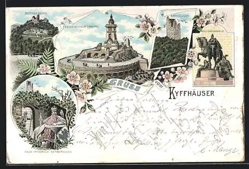 Lithographie Kyffhäuser, Kaiser-Wilhelm-Denkmal, Rothenburg, Reiterstandbild, Sage Friedrich Barbarossas, Ruine
