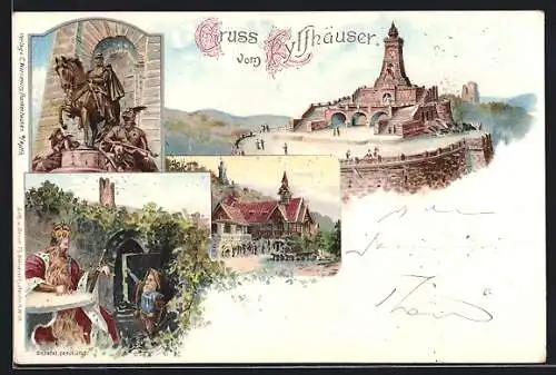 Lithographie Kyffhäuser, verschiedene Ansichten mit Barbarossa, Denkmal und Gasthaus