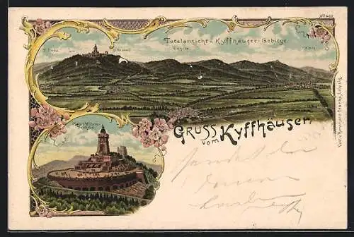 Lithographie Kyffhäuser, Totalansicht mit Gebirge, Kaiser-Wilhelm-Denkmal