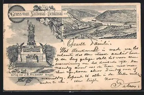 Künstler-AK Bingen, Gesamtansicht und National-Denkmal 1895