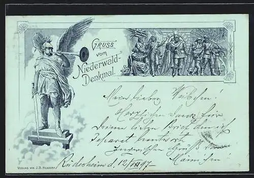 Lithographie Rüdesheim, Niederwald-Denkmal mit Relief Abschied