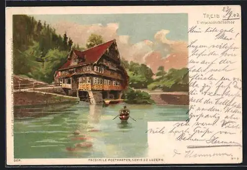 Lithographie Treib a. Vierwaldstättersee, Wohngebäude am See