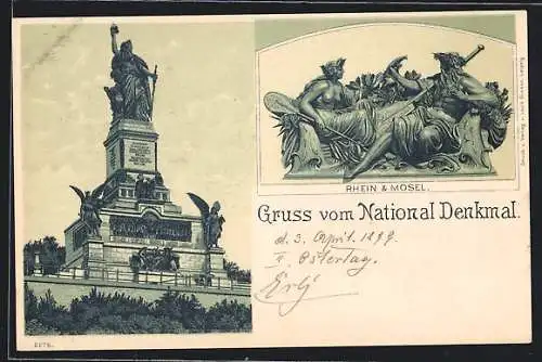 Lithographie Niederwald, National-Denkmal und Rhein & Mosel