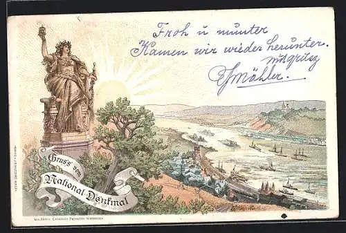 Lithographie Bingen / Rhein, Nationaldenkmal mit Rheinblick