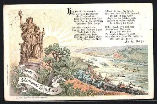 Lithographie Bingen / Rhein, Nationaldenkmal mit Rheinblick, Gedicht von Felix Dahn