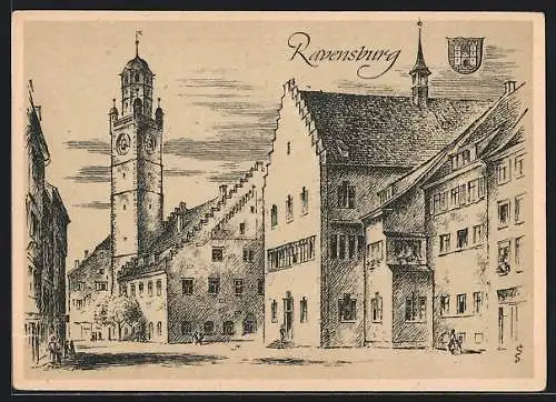 Künstler-AK Ravensburg / Württ., Ortspartie