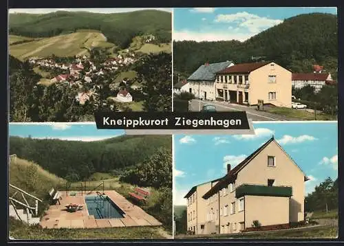 AK Ziegenhagen / Witzenhausen, Pension-Café Burgblick, Pool, Ortspanorama