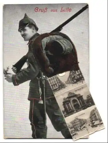 Leporello-AK Cirey, Soldat mit Ansichten im Marschgepäck, Strassenpartie mit Kirche