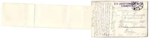 Leporello-AK Komárom, Nádor utca a Szt. Háromság szoborral, Részlet a Dunáról, Sétatér a zenepavillonnal