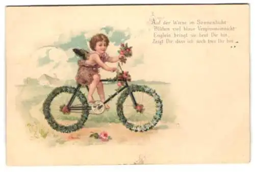 AK Engel mit Blumen auf einem Fahrrad