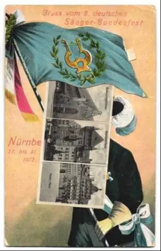 Leporello-AK Nürnberg, 8. deutsches Sänger-Bundesfest 1912, Mann mit Fahne, Gasthaus Bratwurstglöcklein, Frauenkirche