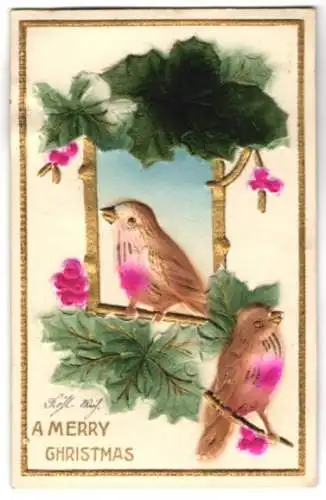 Stoff-Präge-AK Zwei Vögel auf Zweigen, Weihnachtsgruss