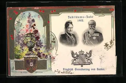 AK Grossherzogpaar Friedrich und Luise von Baden im Jubiläumsjahr 1902, lithographisches Präge-Passepartout