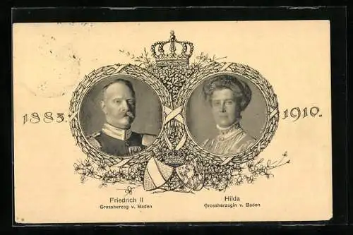 AK Portrait des Grossherzogpaares von Baden, Friedrich II. nebst Hilda, Wappen, 1885-1910