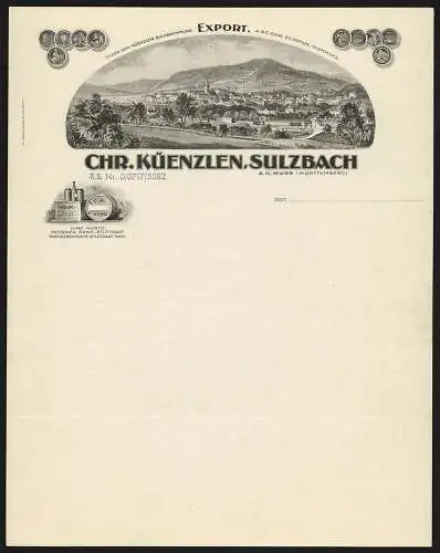 Rechnung Sulzbach a. d. Murr, Firma Chr. Küenzelen, Export, Gesamtansicht der Ortschaft, Auszeichnungen