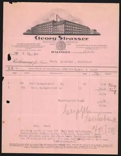 Rechnung Balingen 1928, Georg Strasser, Schuhfabrik, Modellansicht eines Fabrikkomplexes