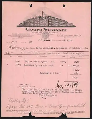 Rechnung Balingen 1928, Georg Strasser, Schuhfabrik, Modellansicht eines Fabrikgebäudes