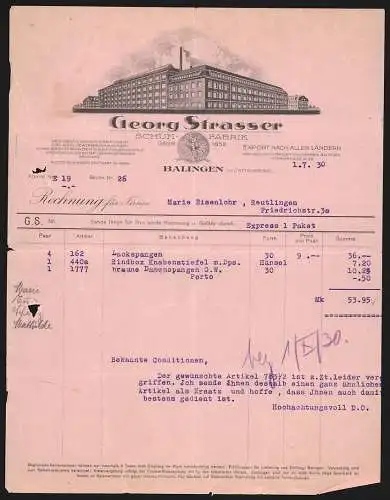 Rechnung Balingen 1930, Georg Strasser, Schuhfabrik, Modellansicht eines Fabrikkomplexes
