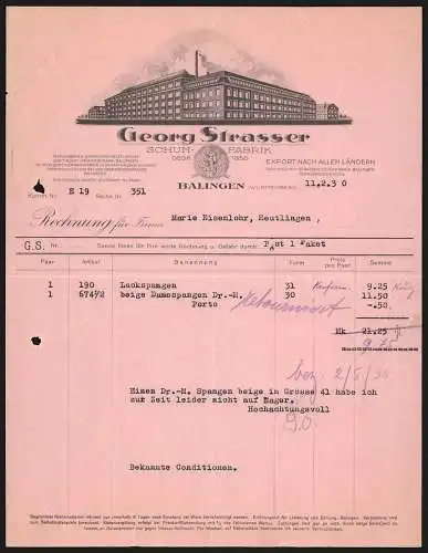 Rechnung Balingen 1930, Georg Strasser, Schuhfabrik, Modellansicht eines Fabrikgebäudes