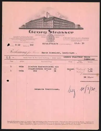 Rechnung Balingen 1930, Georg Strasser, Schuhfabrik, Modellansicht eines Betriebsgebäudes