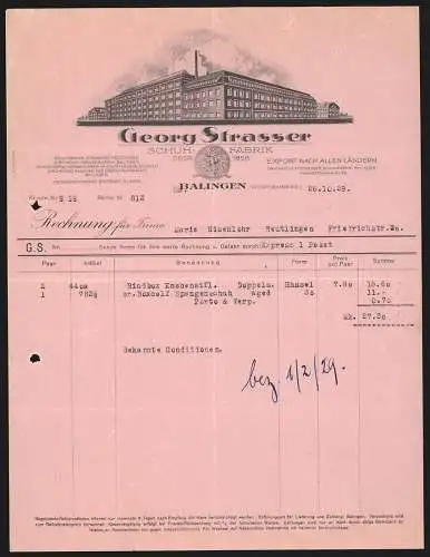 Rechnung Balingen 1929, Georg Strasser, Schuhfabrik, Modellansicht eines Fabrikkomplexes