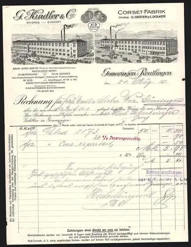 Rechnung Gomaringen-Reutlingen 1915, G. Kindler & Cie., Corset-Fabrik, Das Fabrikgebäude aus zwei Perspektiven