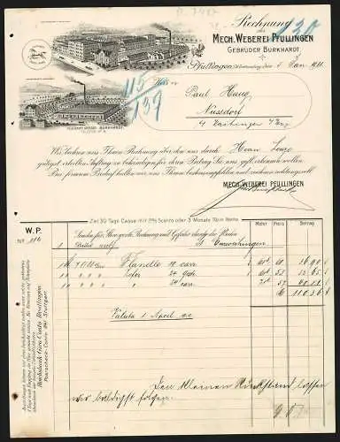 Rechnung Pfullingen 1911, Gebrüder Burkhardt, Mech. Weberei Pfullingen, Hauptwerk und Filiale Mössingen, Schutzmarke