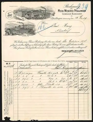 Rechnung Pfullingen 1909, Gebrüder Burkhardt, Mech. Weberei Pfullingen, Hauptwerk und Filiale Mössingen, Schutzmarke