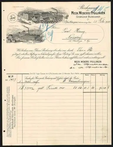 Rechnung Pfullingen 1911, Gebrüder Burkhardt, Mech. Weberei Pfullingen, Hauptwerk und Zweigstelle Mössingen, Schutzmarke