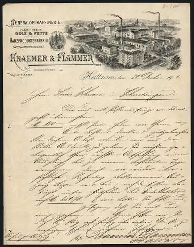 Rechnung Heilbronn 1901, Kraemer & Flammer, Mineralölraffinerie, Das Betriebsgelände mit überdachtem Lagerplatz