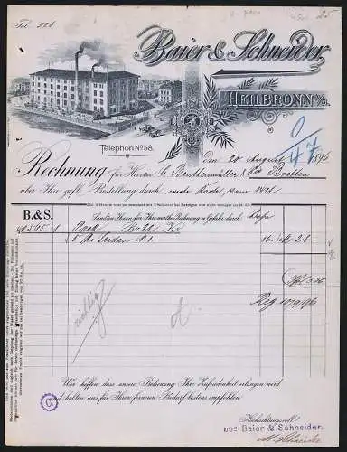 Rechnung Heilbronn 1896, Baier & Schneider, Geschäftsbücher-Fabrik, Transportkutschen am Betriebsgelände