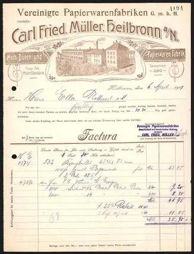Rechnung Heilbronn 1909, Carl Fried. Müller, Vereinigte Papierwarenfabriken GmbH, Grünanlage am Betriebsgelände