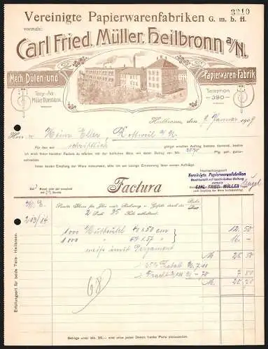 Rechnung Heilbronn 1909, Carl Fried. Müller, Vereinigte Papierwarenfabriken GmbH, Transportkutsche am Betrieb