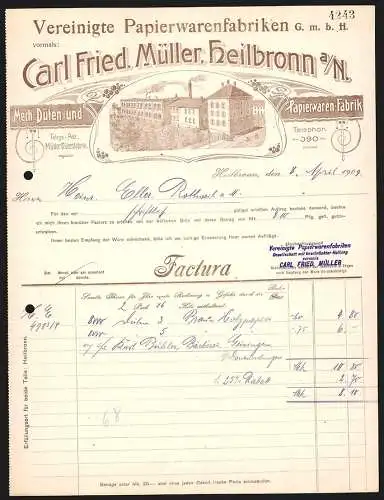 Rechnung Heilbronn 1909, Carl Fried. Müller, Vereinigte Papierwarenfabriken GmbH, Transportkutsche am Werkgelände