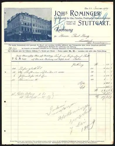 Rechnung Stuttgart 1909, Joh. Rominger, Glas-, Porzellan & Metallwaren-Geschäft, Passanten vor dem Laden