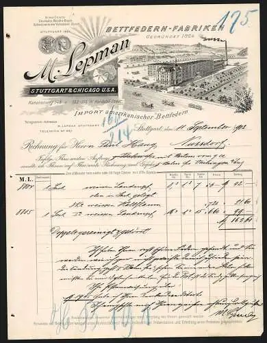 Rechnung Stuttgart 1902, M. Lepman, Bettfedern-Fabriken, Reger Kutschen-Verkehr vor dem Betriebsgelände